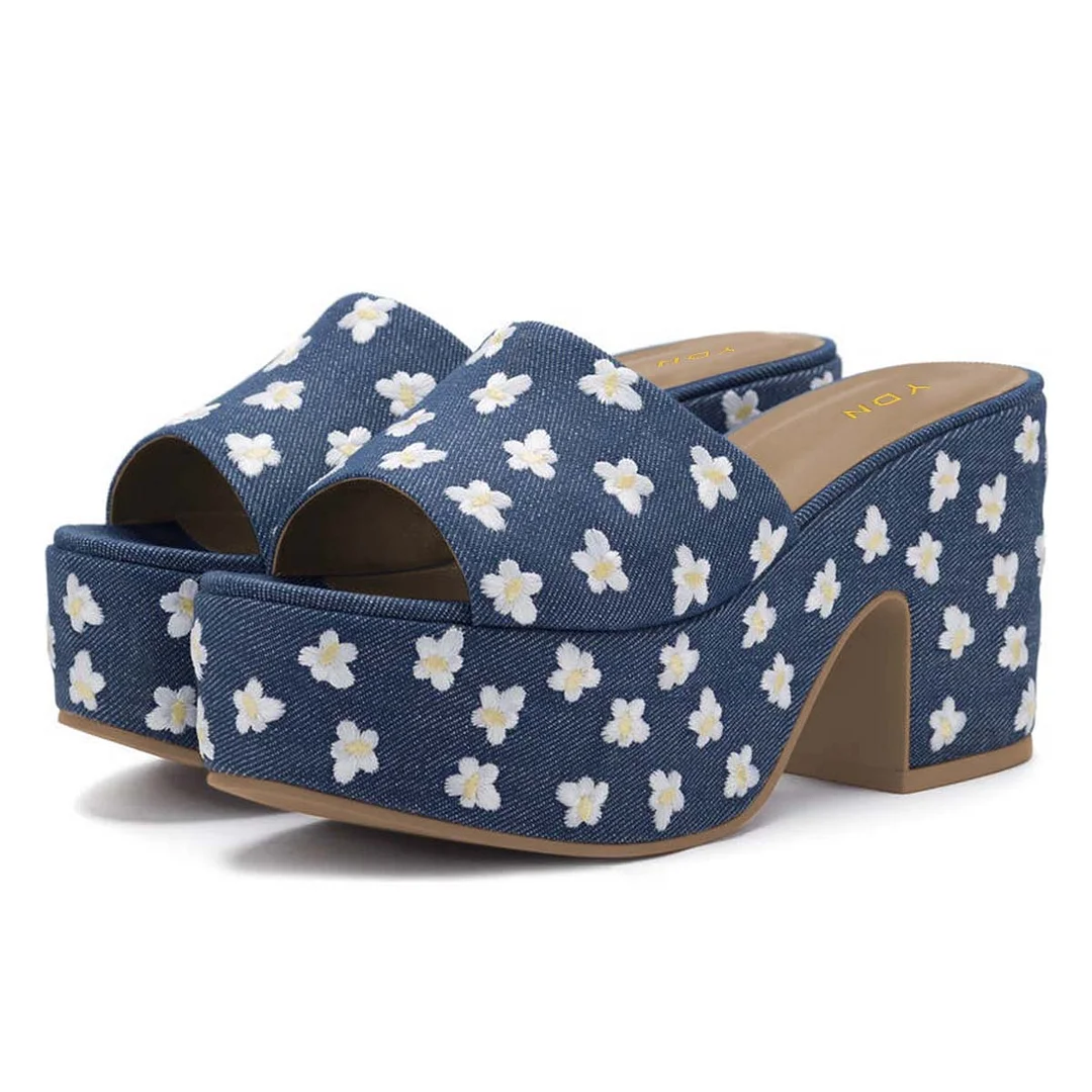Blue Denim Open Toe Mules White Flower Embroidery Platform Sandals