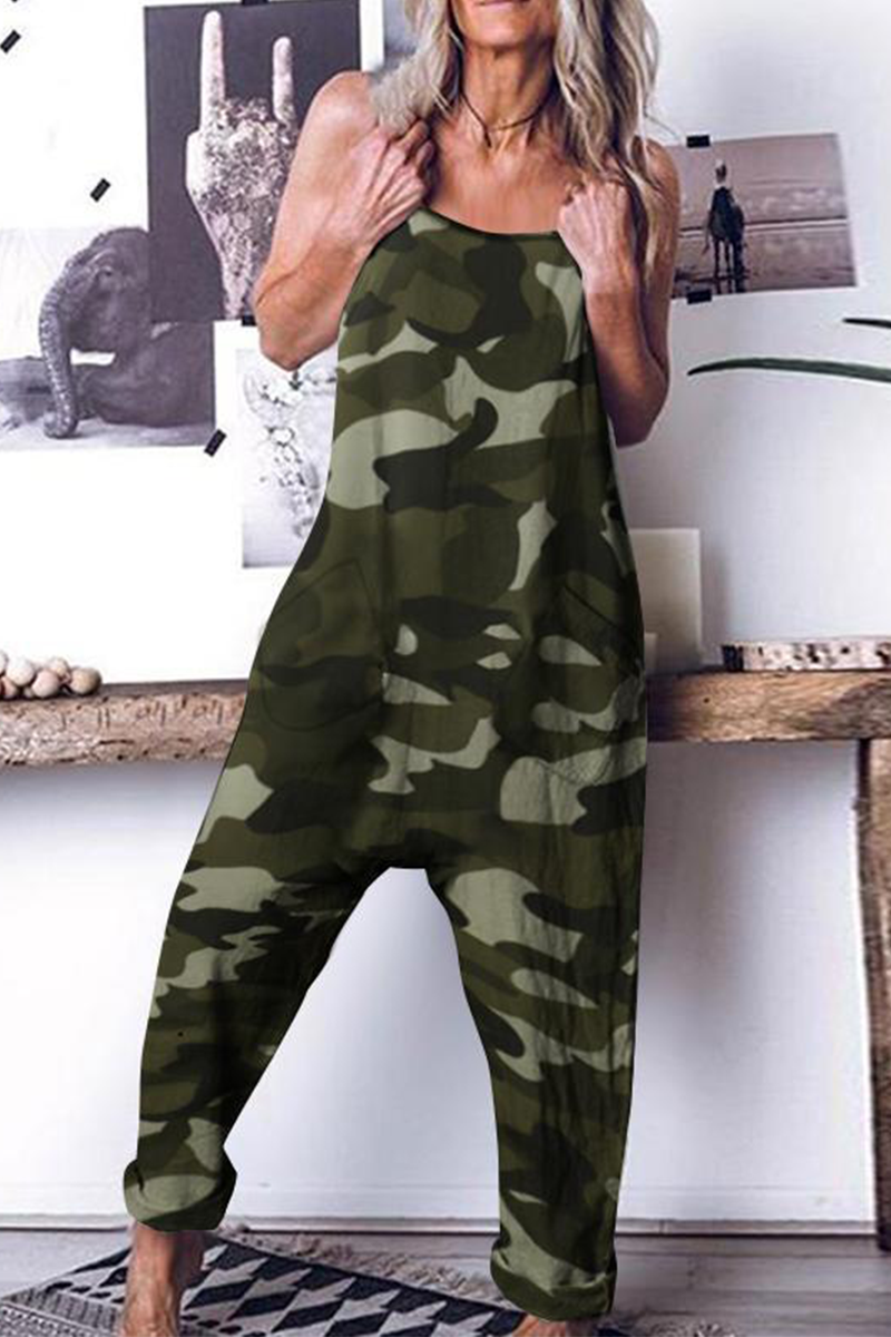 Casual Patchwork Camouflage Print U Neck Jumpsuits