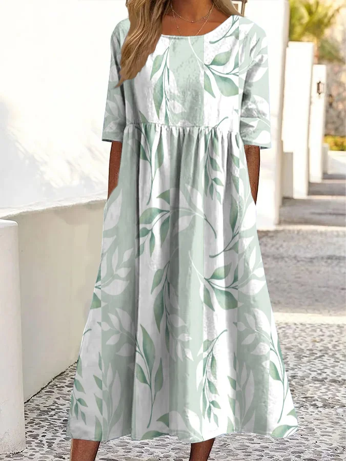 Vintage Floral Print Round Neck Pocket Midi Dress