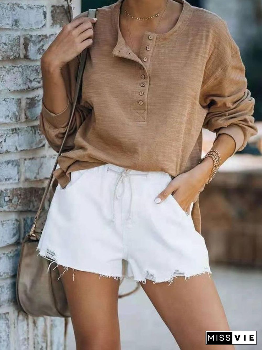 Loose-fit Lace-up Distressed Denim Shorts P13406