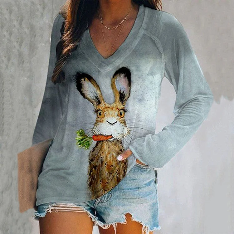 Wearshes Animal Rabbit Print V Neck Long Sleeve T-shirt