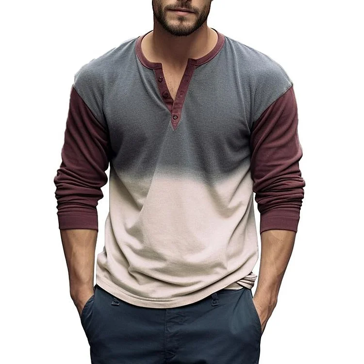 Men's Casual Color Block Gradient Print Henley Neck Long Sleeve T-Shirt 70456717Y