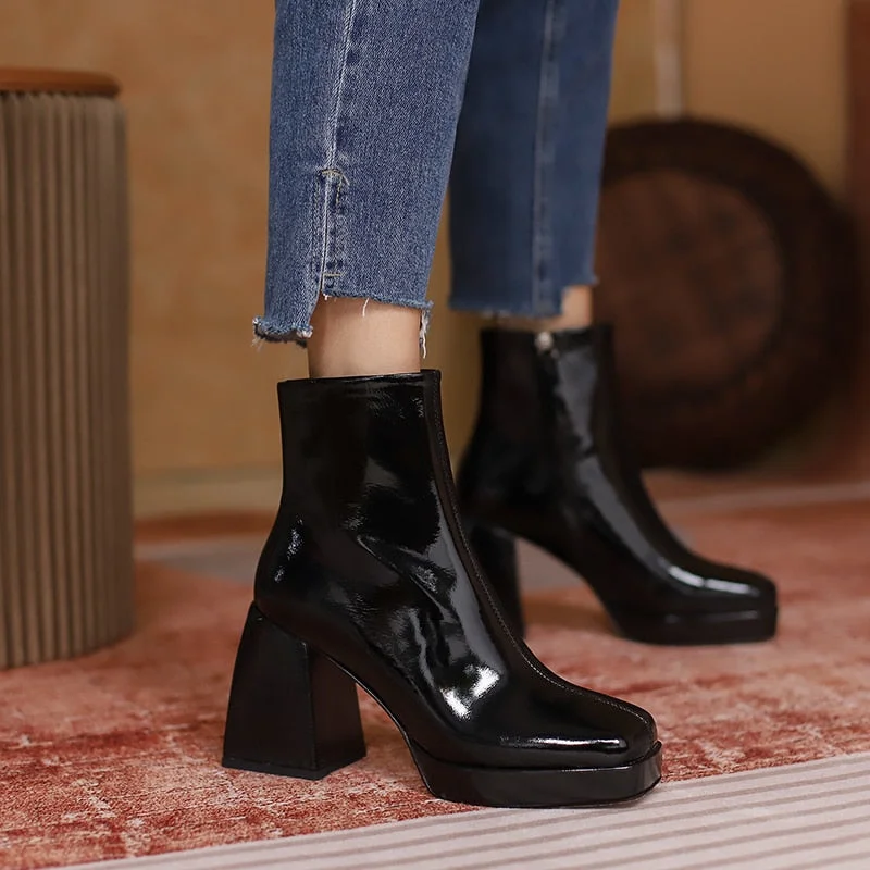 Winter Patent leather Platform Shoes Ankle Boots Slip-on Women Boots Women Shoes High Heels Round Toe Modern Boots Stretch boots