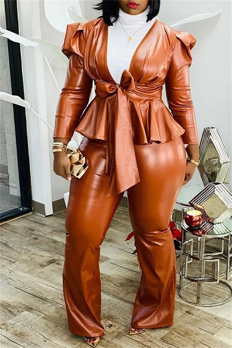 Plus  Size Casual Orange Lace Up Bow Leather Long Sleeve V Neck Ruffle Two Pieces Pants Set