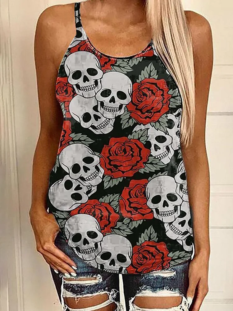 Sexy Sling Round Neck Skull Print Loose Casual Vest-Mayoulove