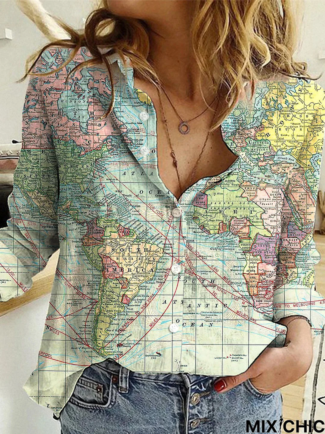 Women Casual Map Printed Collar Long Sleeve Blouse