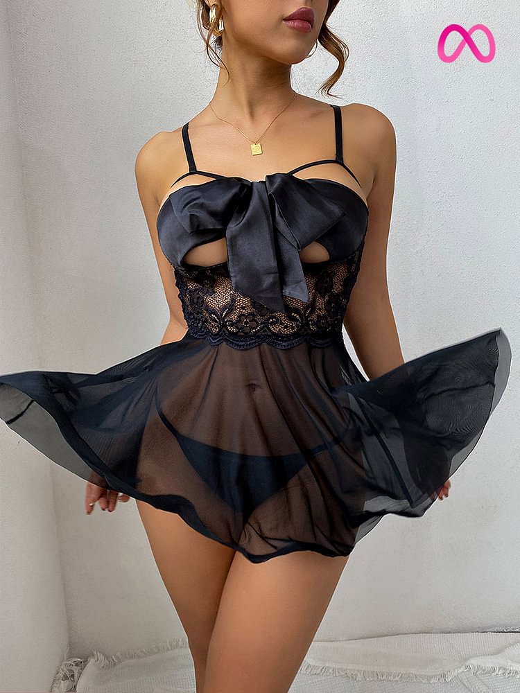 Satin Bow Front Lace Babydoll Set