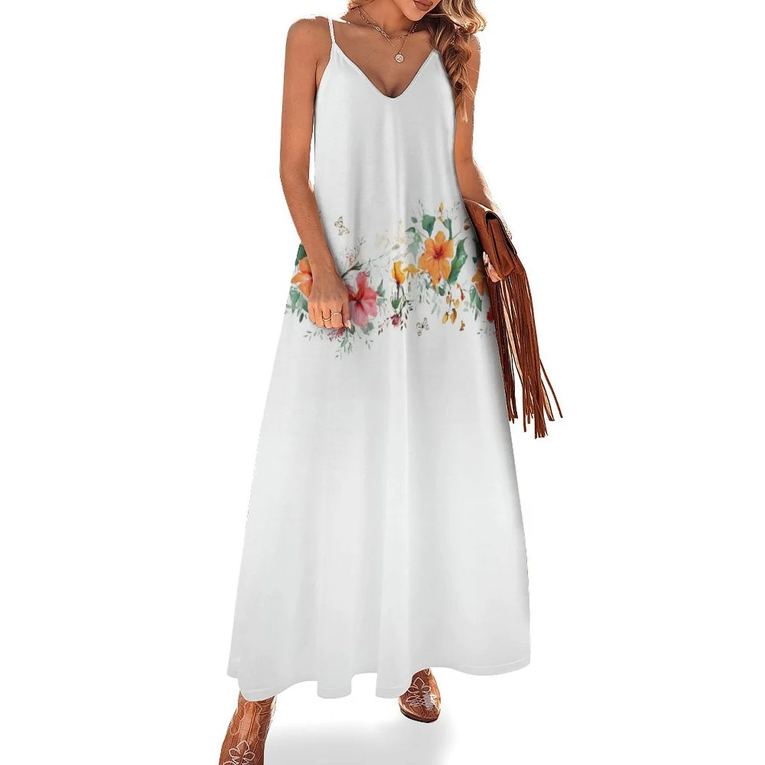 Style & Comfort for Mature Women Plus Size Printed Sling Casual Women Maxi Dress in Pattern Floral, Orange, Pink