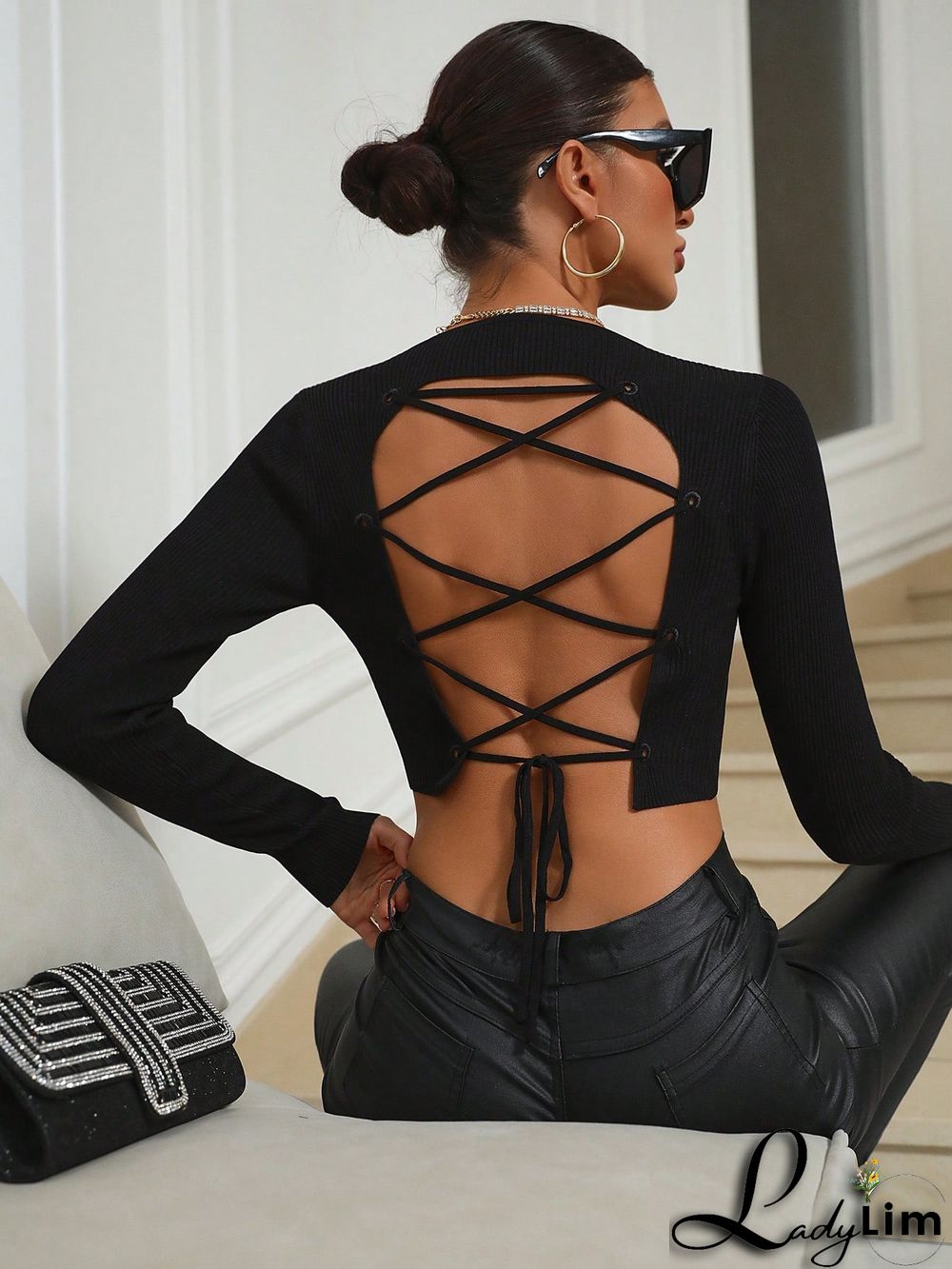 Lace Up Backless Crop Sweater