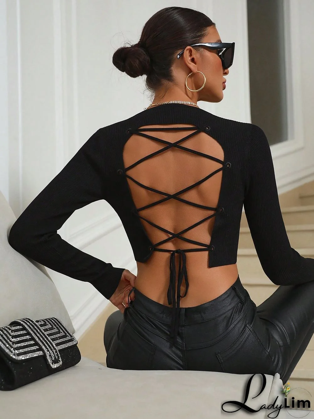 Lace Up Backless Crop Sweater