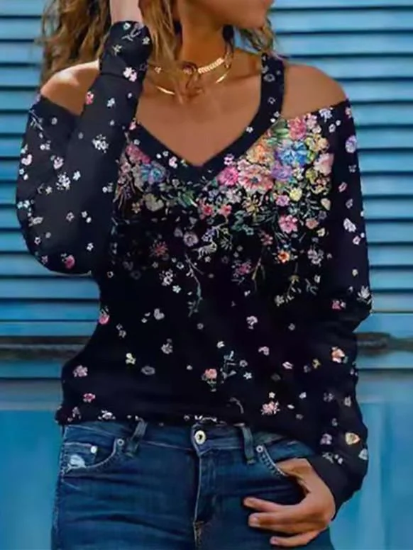Women Long Sleeve Scoop Neck Floral Printed Graphic Top