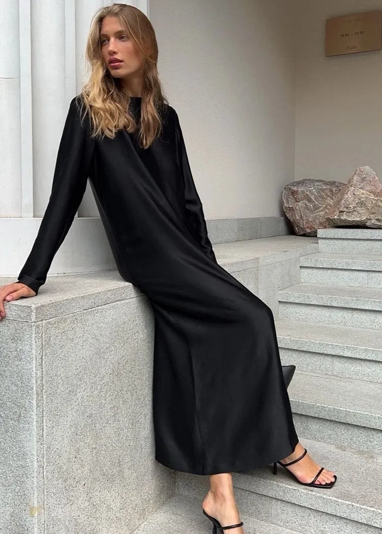 Sage Green Long Sleeve Maxi Dress &ndash; Minimalist Satin Look