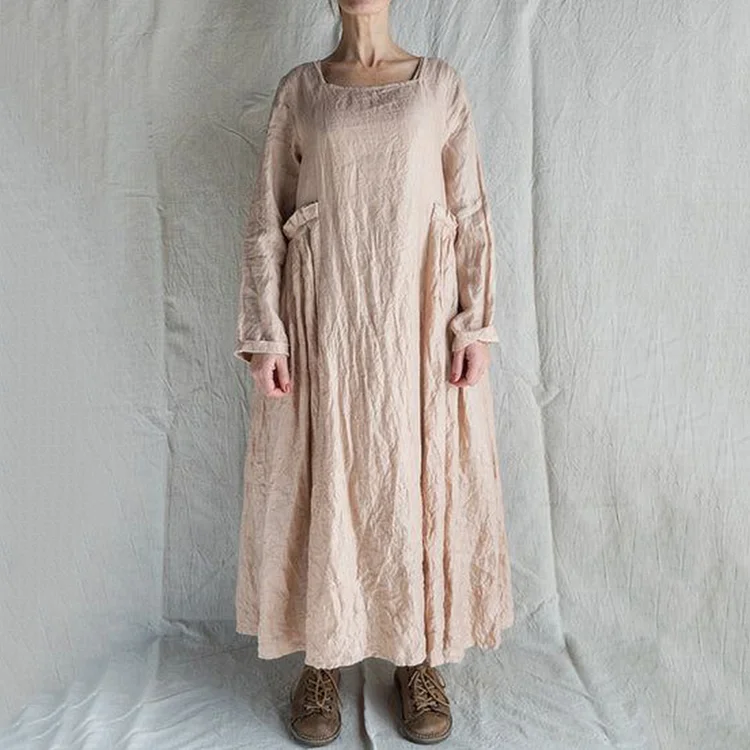 Simpfit Einfarbiges, plissiertes Midikleid aus Baumwolle und Leinen für Damen