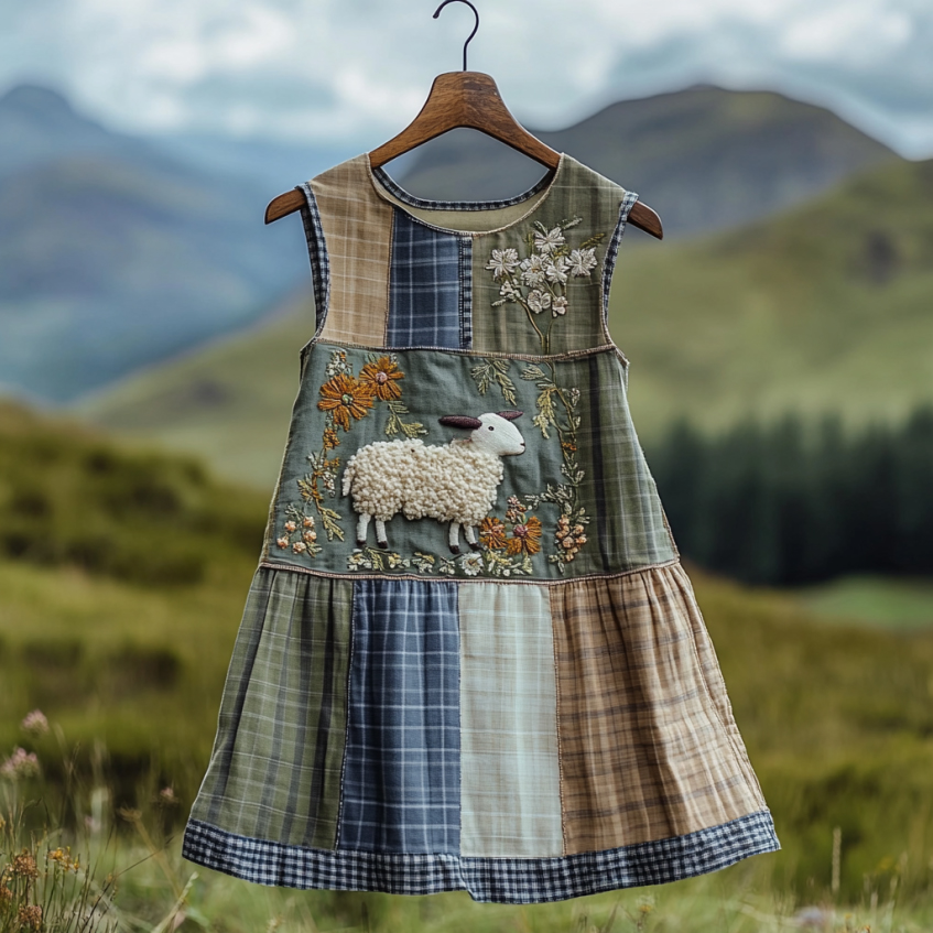 Women's Vintage Sheep In Plaid Embroidered Linen Sleeveless Tank Top