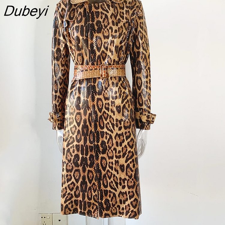 Dubeyi Luxury Designer Winter Snake Leopard Pattern Printing PU Leather High Street Quality Long Straight Trench Women Coats