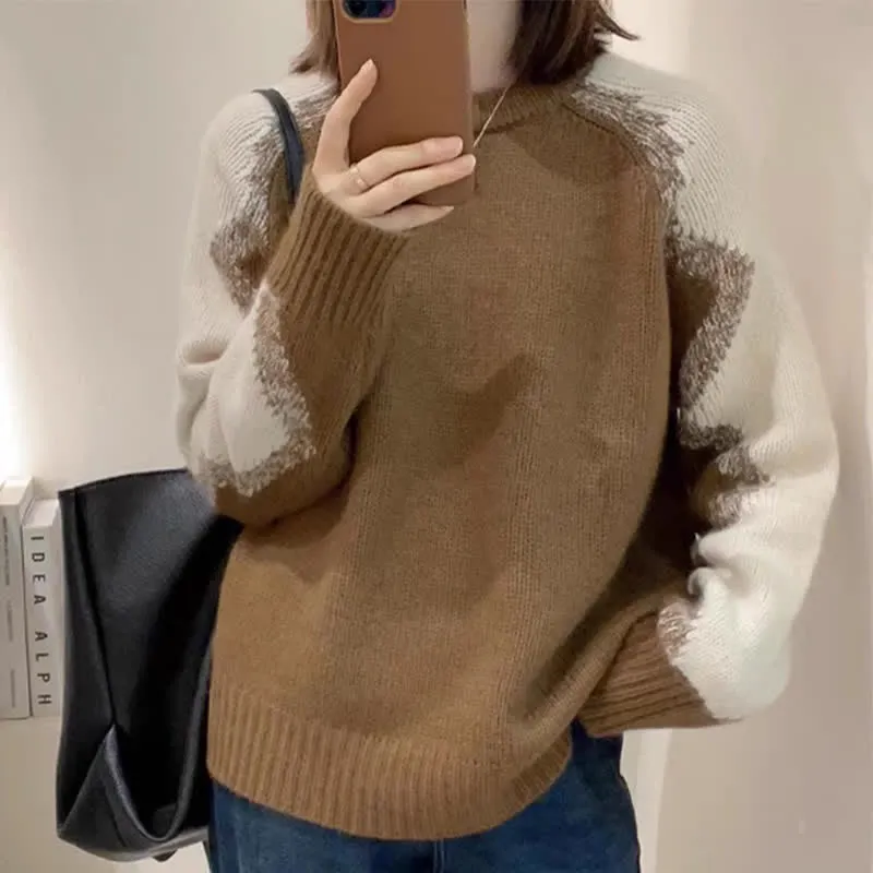 Chic Colorblock Round Collar Knit Loose Sweater