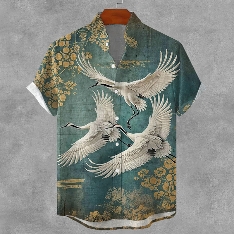 Men's Vintage Crane Japanese Art  Print Casual Shirt  artssus