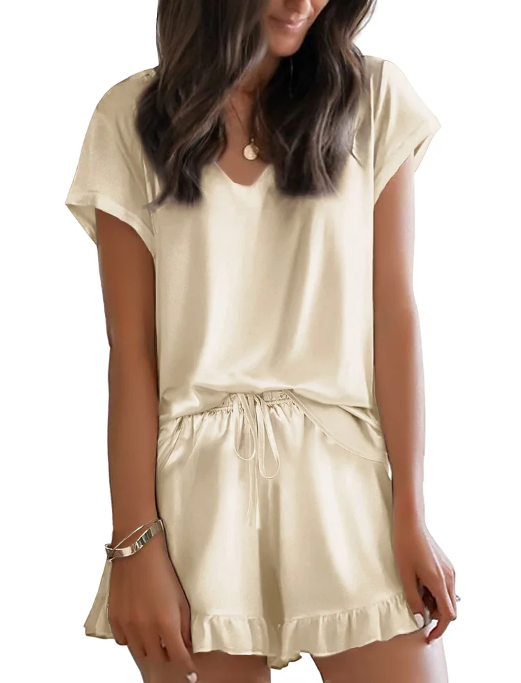 Silk Satin Pajamas for Women Short Sleeve Sleepwear Two Piece Pj Sets with Ruffled Shorts Casual Loungewear