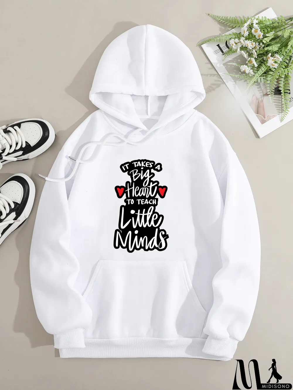 MidiSono - Printed on front Kangaroo Pocket Hoodie Long Sleeve for Women Pattern Big heart to teach