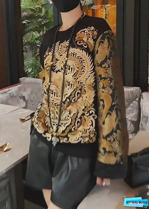 Vintage Black Oriental Embroideried Cotton Sweatshirts Top Fall