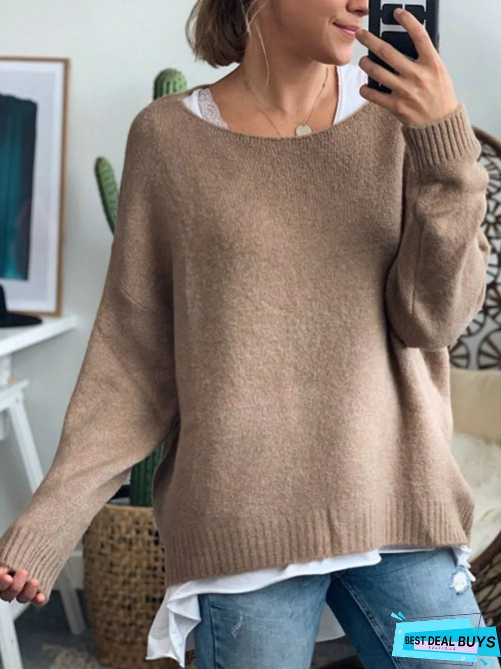 Blue Casual Cotton-Blend Crew Neck Sweater