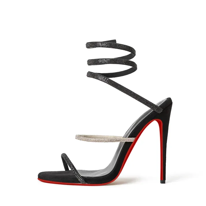 120mm Women's Spiral Strappy Red Bottom Sandals Rhinestone Heels Pull-on Sexy Stilettos-vocosishoes