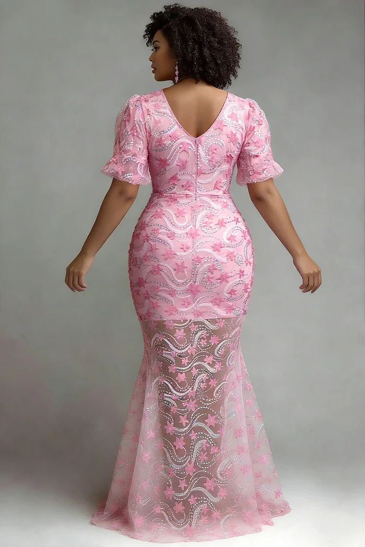 Xpluswear Design Plus Size Formal Pink V Neck Short Sleeve 3D Elegant  Mermaid Maxi Dresses - Xpluswear.com