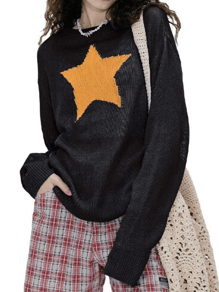Brownm Star Pattern Semi Sheer Knit Top