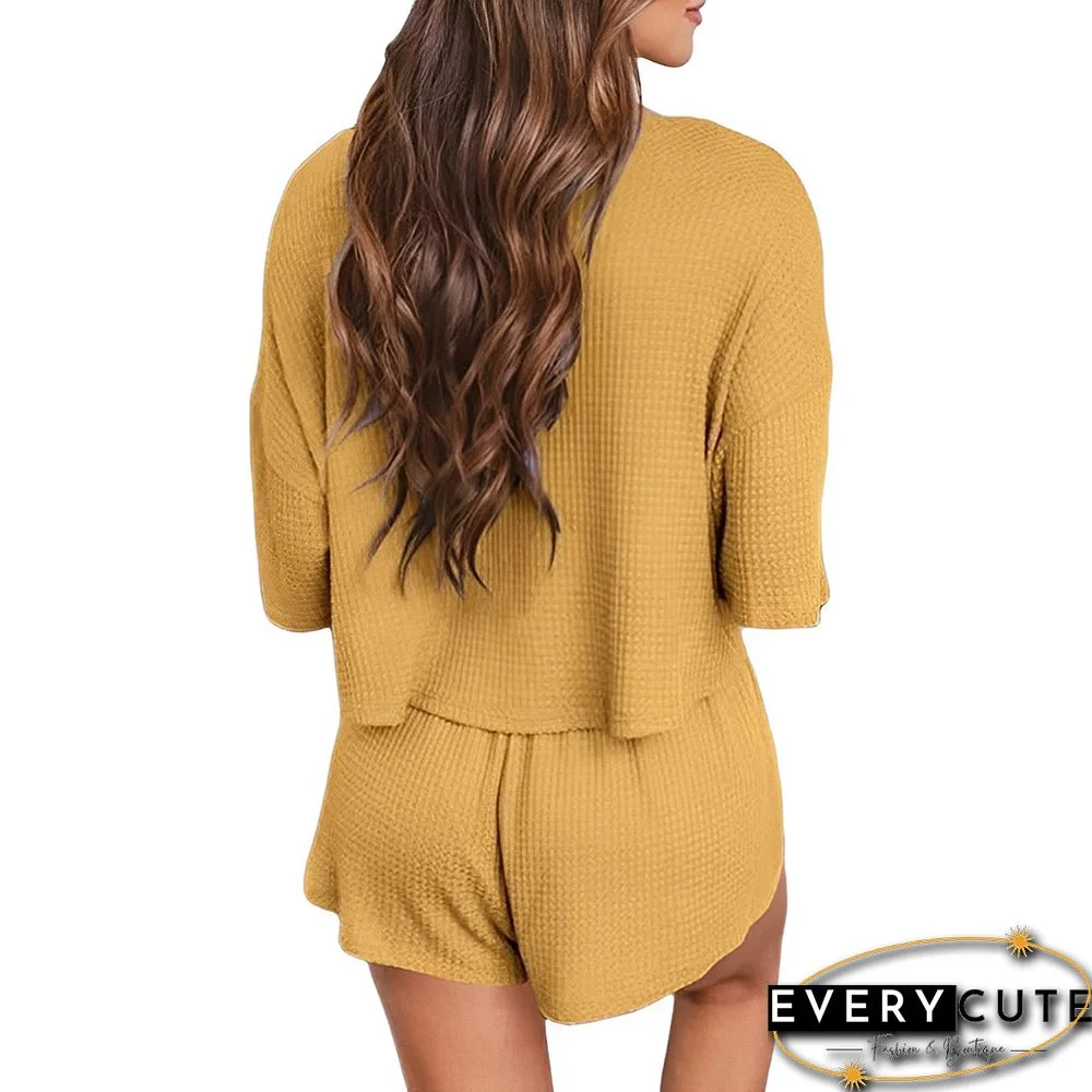 Yellow Waffle V Neck Pocket Top and Shorts Set