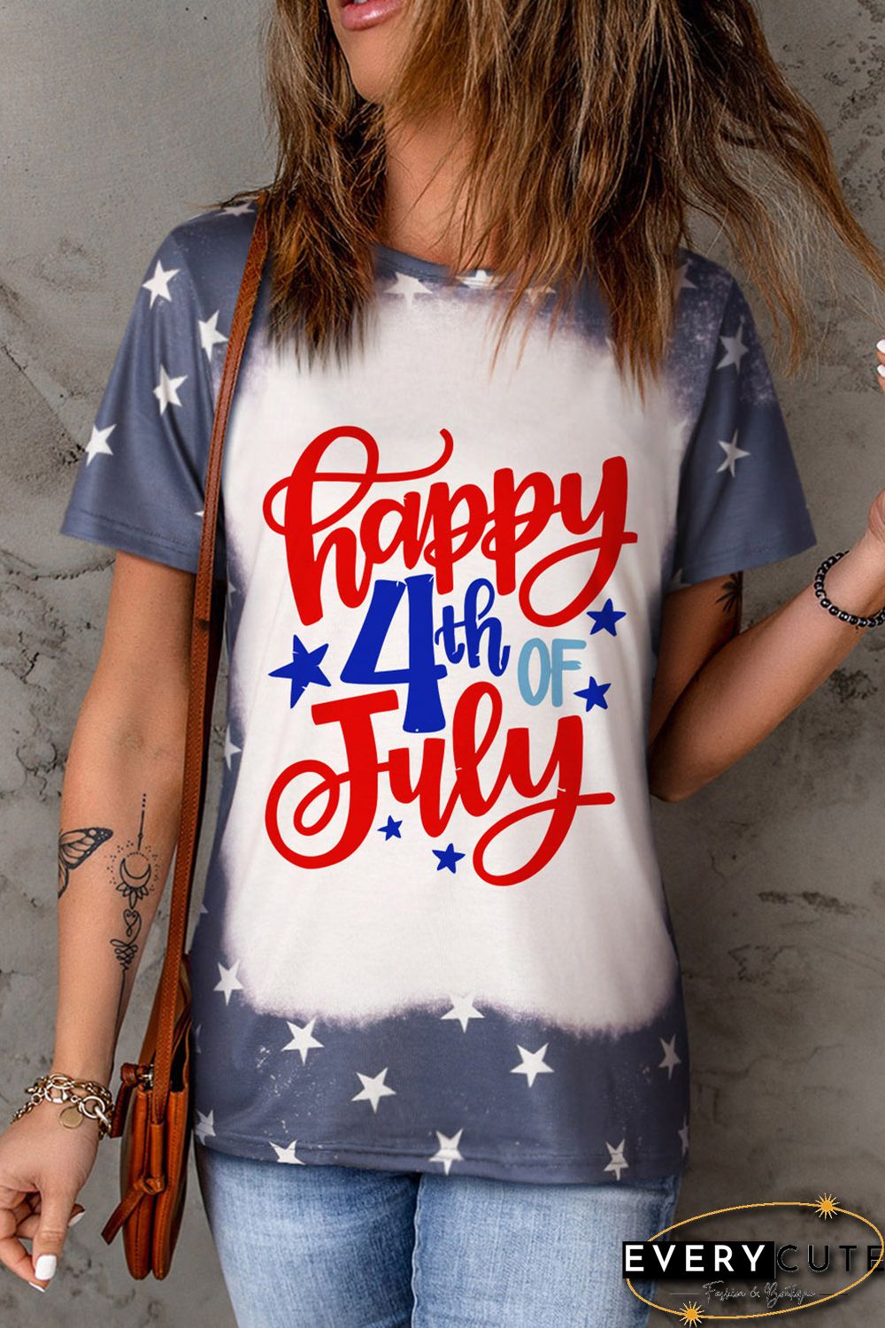 Blue Happy 4th Of July Stars Print Short Sleeve T Shirt