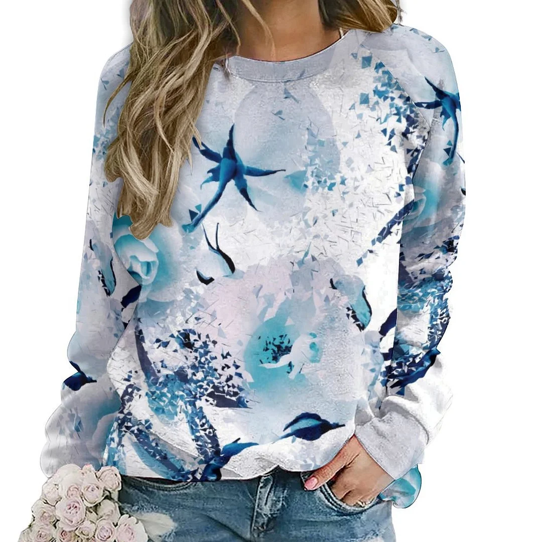 Printed Long Sleeve Casual Sweatshirt for  Women and Men Unisex Pattern Floral, Blue, Glitter