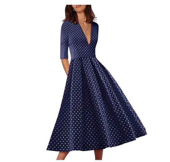High-end Sexy Deep V Mid-sleeve Polka Dot Printed Dress Mid-length
