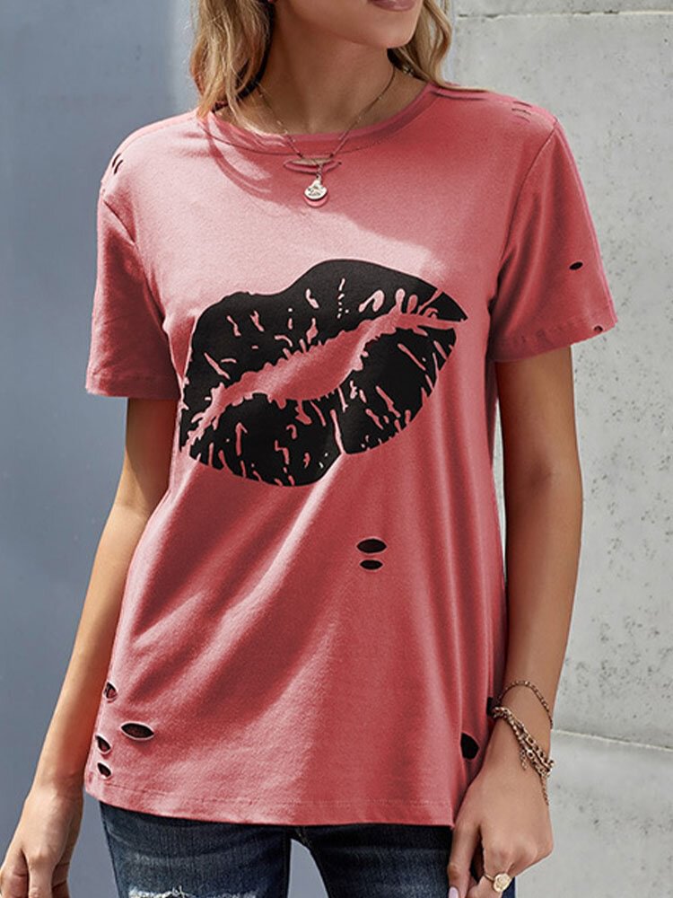 Ripped Short Sleeve O neck Lips Print Casual T Shirt For Women P1839619