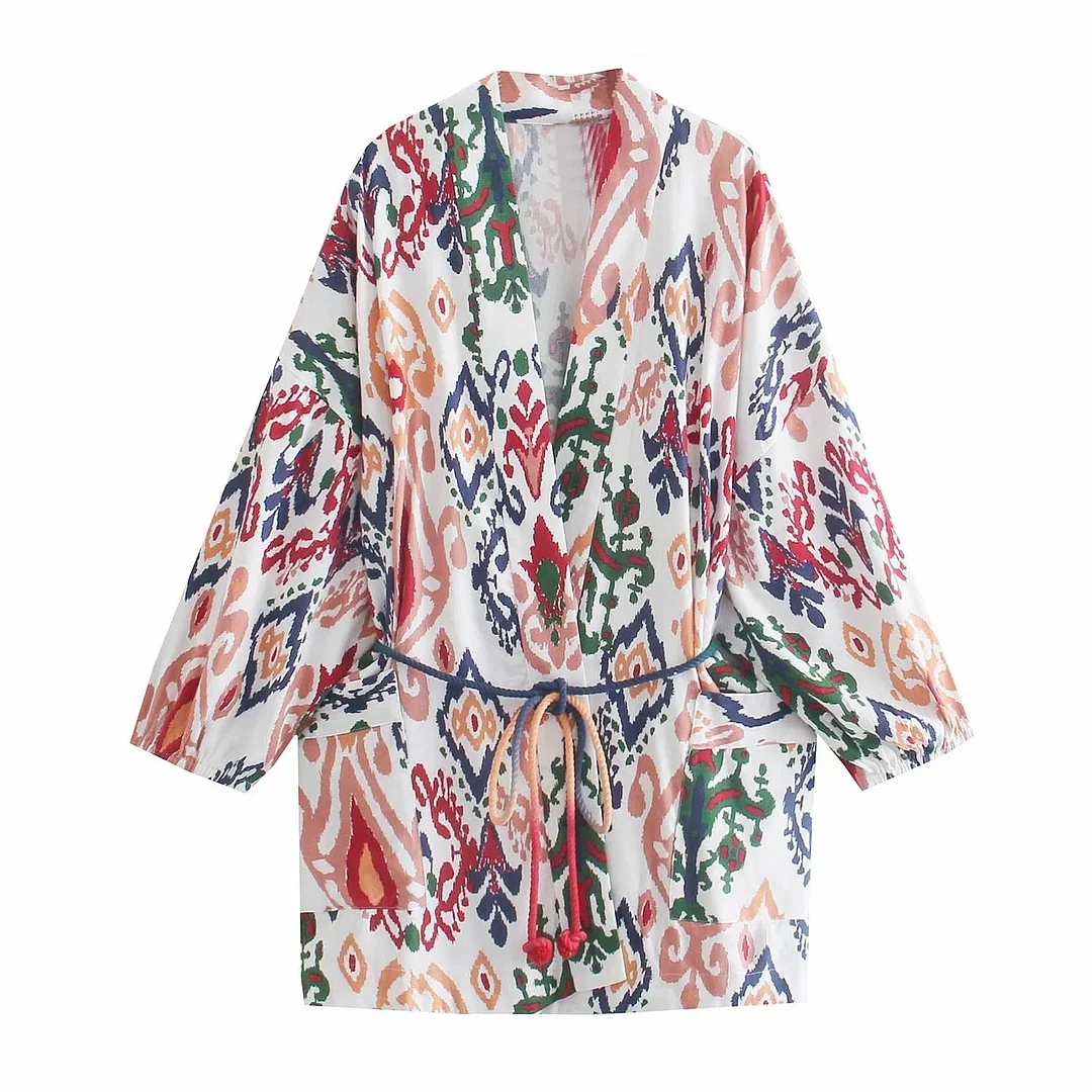 Fashion Women Print Kimono With Belt Long Blouse Summer Casual Top Holiday Clothes Chic Streetwear