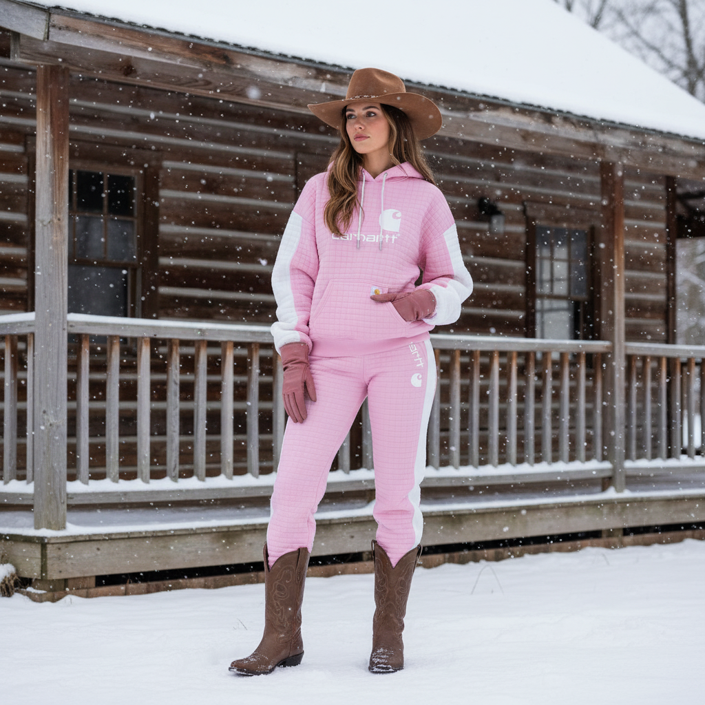 Women's Vintage Pink And White Waffle Knit Quilted Plaid Pocket Hoodie And Sweatpants Jogger Set