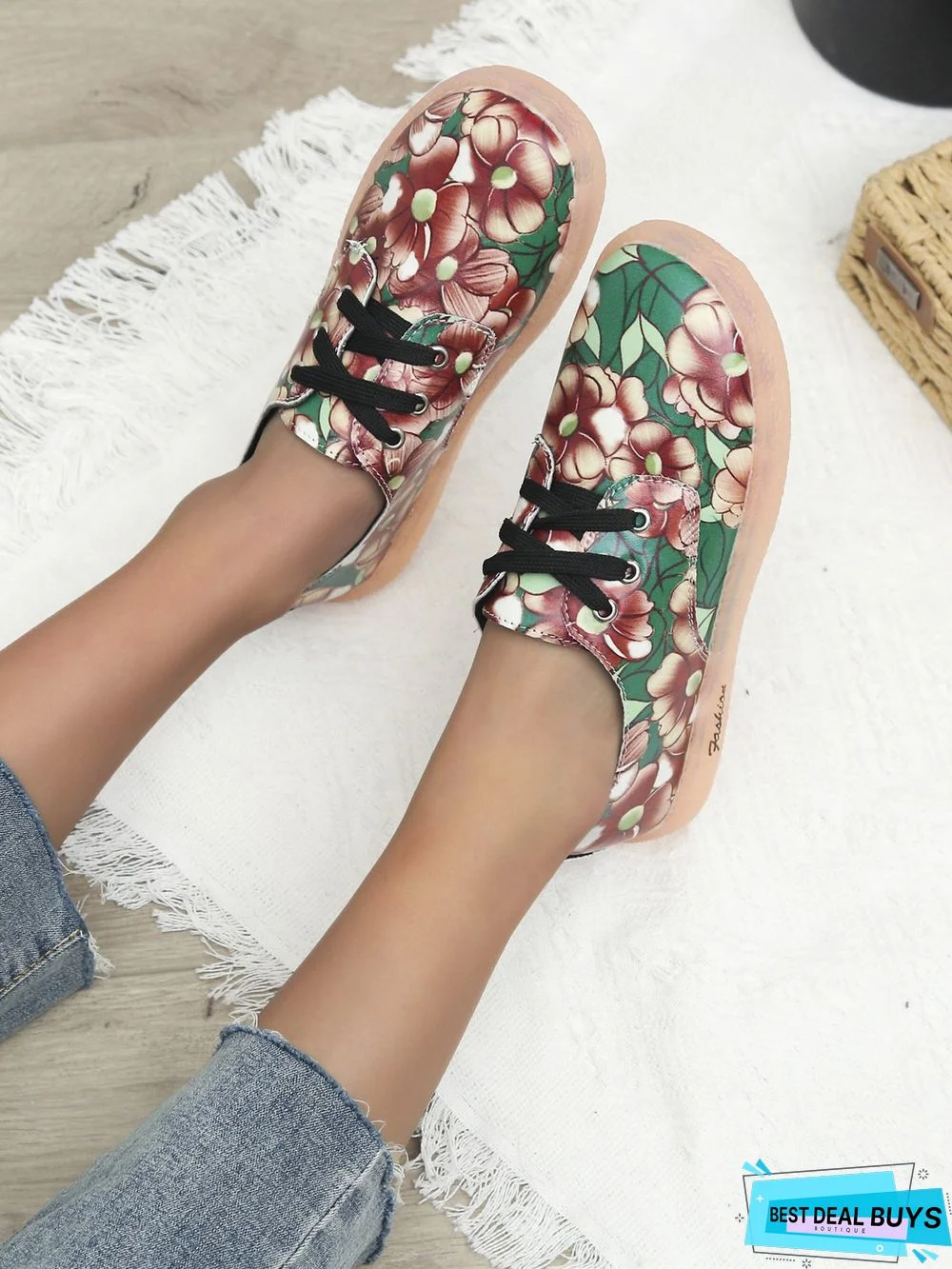 Floral Pattern  Lace-up Front Flat Shoes