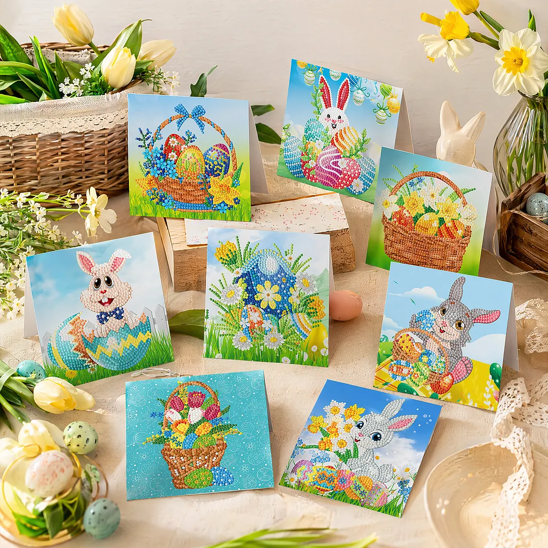 8PCS Easter Egg Rabbit DIY Diamond Painting Greeting Card Kits with Envelopes Diamond Art Greeting Cards Diamond Art Cards Kits for Adults DIY Crafts Family Friend Gifts