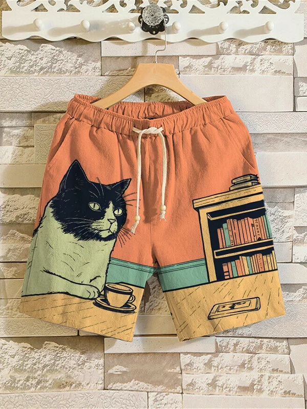 Men's Cat Chilling With Coffee Print Casual Shorts