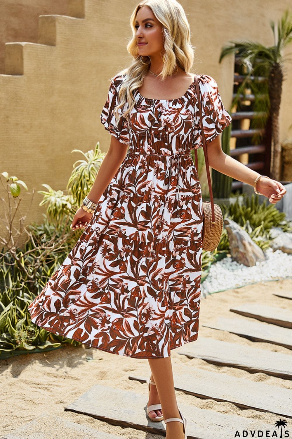 Floral Square Neck Tiered Midi Dress