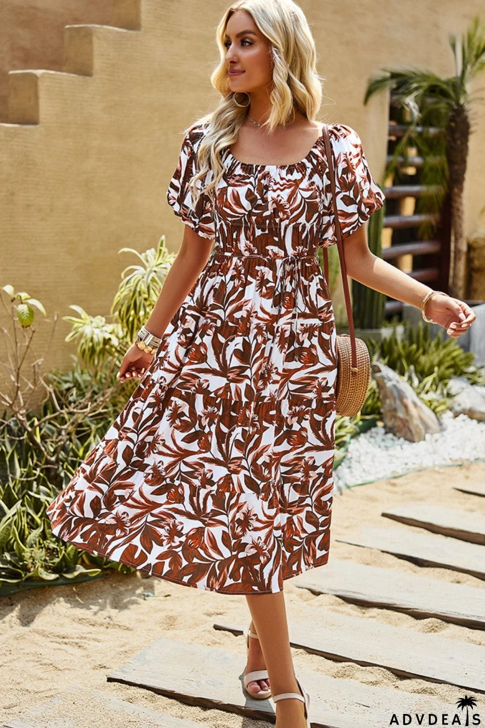 Floral Square Neck Tiered Midi Dress