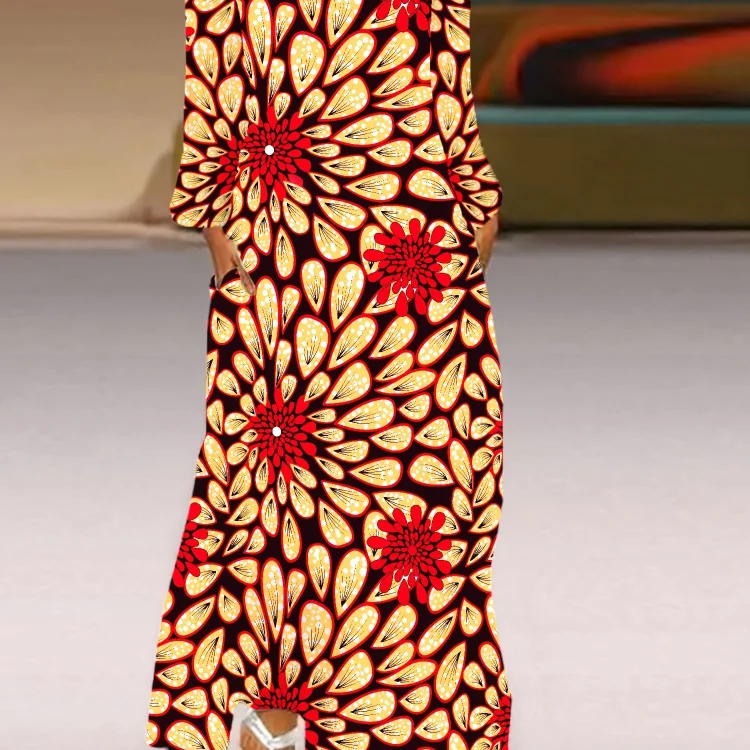 Floral Notched V Neck Dress, Casual Long Sleeve Long Length Dress, Women's Clothing