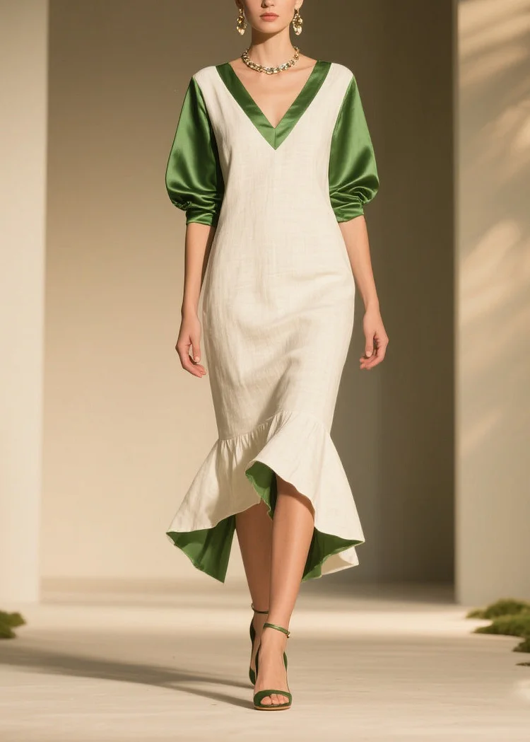 Chic Colorblock Ruffled Patchwork Linen Silk Dress Summer