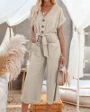 Casual Playsuits Wide Leg Short Sleeves V Neck Buttoned Baggy Belt Jumpsuits Elegant Long Romper with Pockets