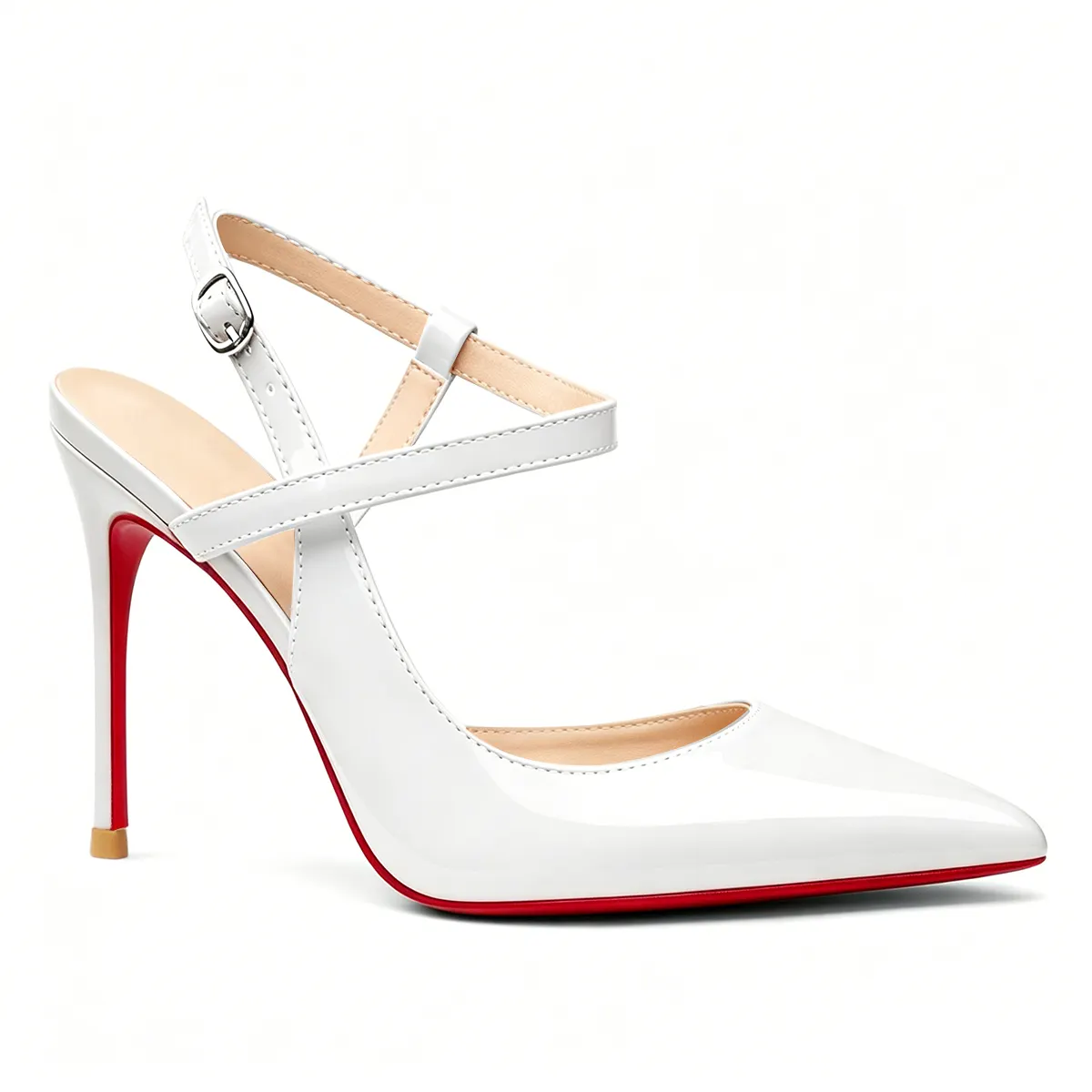 100mm Women Slingback Patent Pumps Ankle Strap Jenlove Stiletto Mid Heel Close Pointed Toe Dress Red Bottoms Shoes