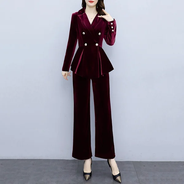 Women Velvet Peplum Blazer Jacket Pants Trousers Suit Set Office Outfits Business Formal