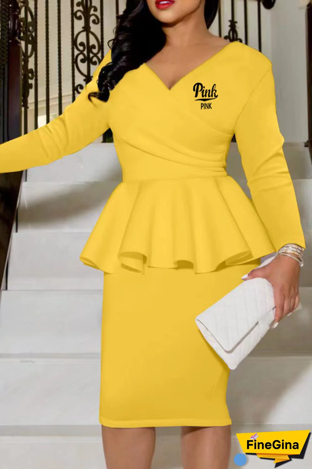 Khaki Street Print Flounce V Neck Long Sleeve Two Pieces