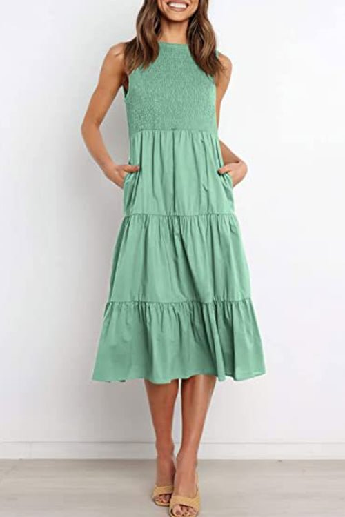 Kelsidress Solid Sleeveless High Waist Ruffle Dress with Pockets