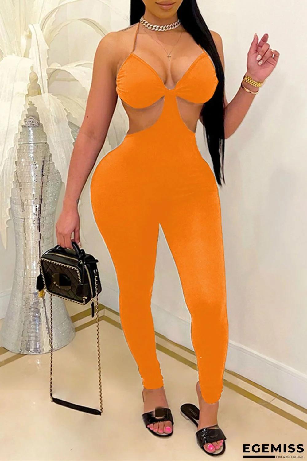 Orange Fashion Sexy Solid Backless Strap Design Halter Skinny Jumpsuits | EGEMISS