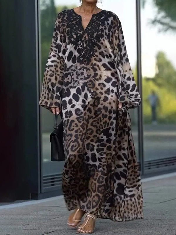 Loose Leopard Print Long Sleeve Maxi Dress