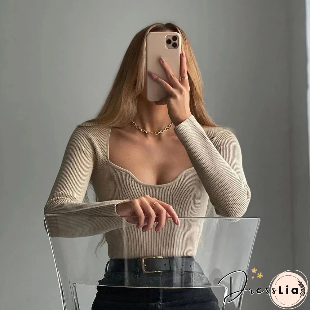 New Women Knitting Sweaters Top Long-arm Heart-neck Casual Fashion Mrs Slim-fit Tight Knitted Sweater Sweater Tops